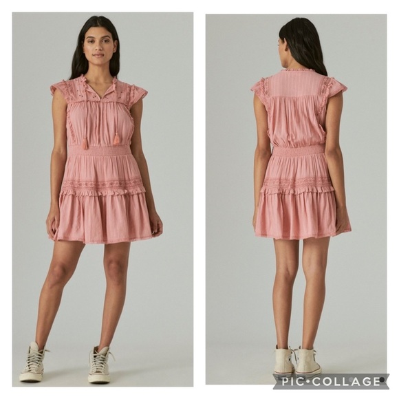 Lucky Brand Pink Lacey Ruffled Tiered Boho Peasant Dress Size Small - Picture 1 of 15